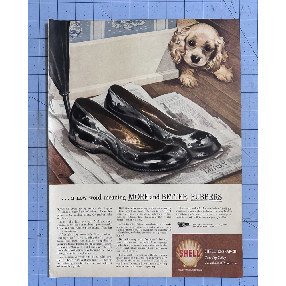 1944 Vintage Original Large Rare Shell Oil Rubber Cute Puppy Dog Print Ad
